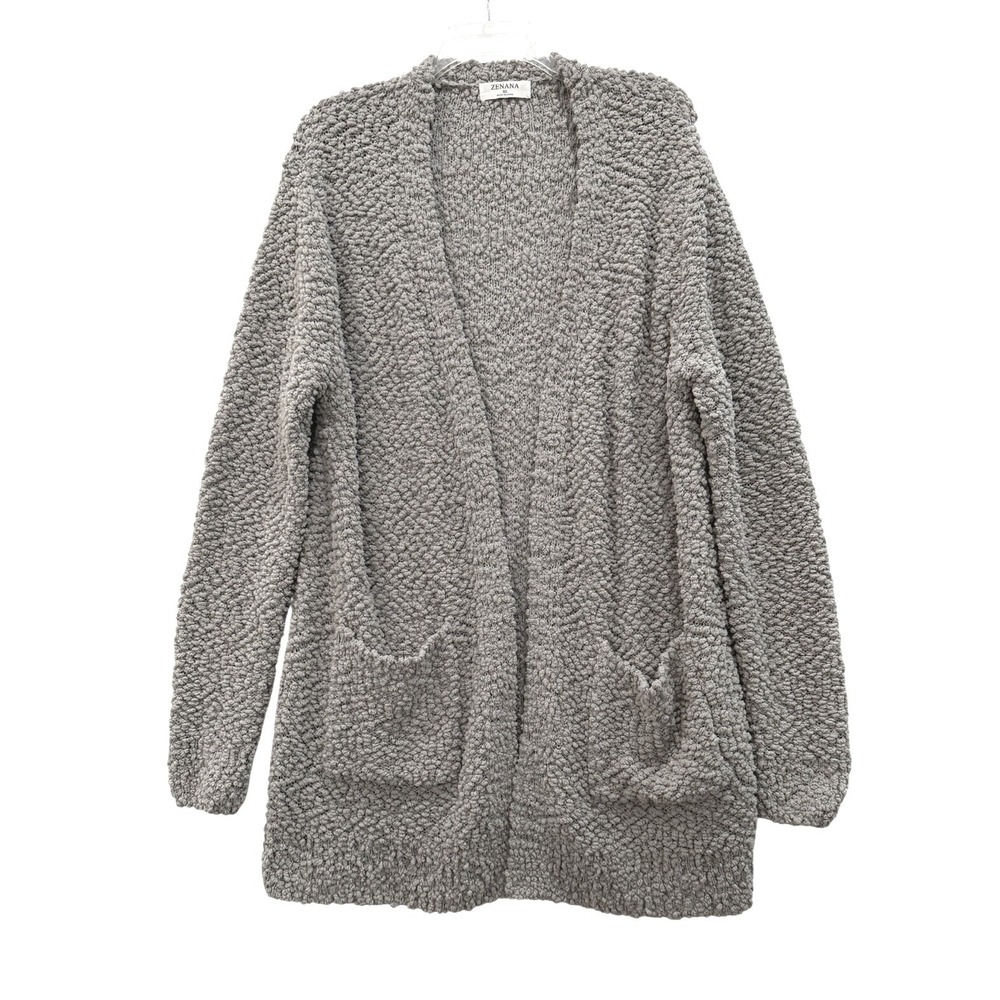 Zenana Grey Popcorn Knit Open Front Cardigan Sweater Pockets Size XL